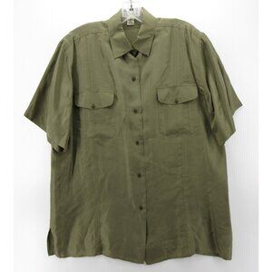 VINTAGE Express Top Medium Olive Silk Shirt Button Up Safari 90s *